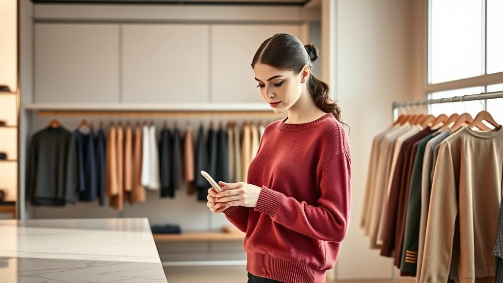 Elegant woman shopping in luxury boutique, examining cashmere sweater, soft natural lighting, marble counter, minimalist aesthetic, professional styling