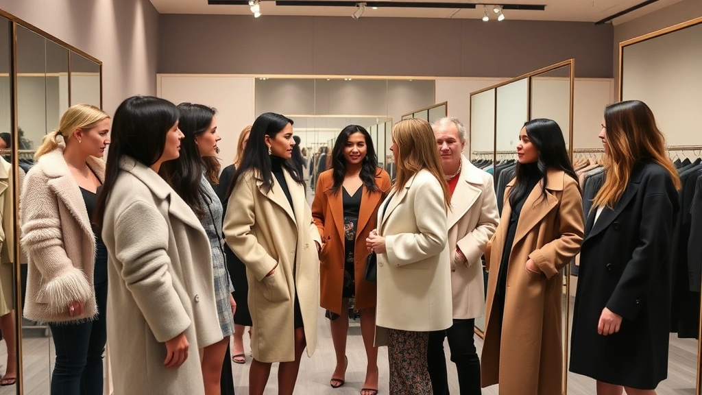 Diverse group of fashionable women trying on designer pieces in high-end fitting room, full-length mirrors, neutral tones, collaborative styling moment