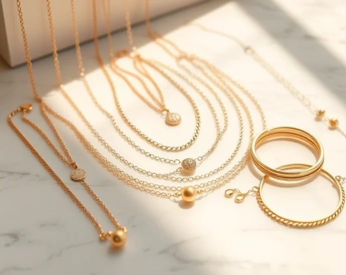 Luxury gold layered jewelry collection displayed on marble surface, delicate gold chains and bracelets in champagne and rose gold tones, natural sunlight creating warm reflections, minimalist aesthetic with negative space, high-end jewelry photography style