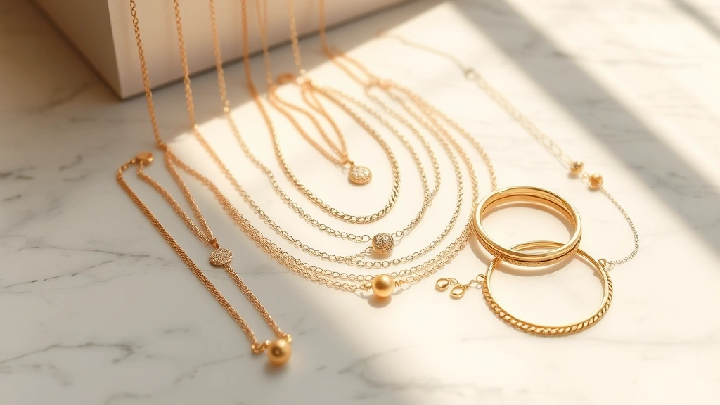 Luxury gold layered jewelry collection displayed on marble surface, delicate gold chains and bracelets in champagne and rose gold tones, natural sunlight creating warm reflections, minimalist aesthetic with negative space, high-end jewelry photography style