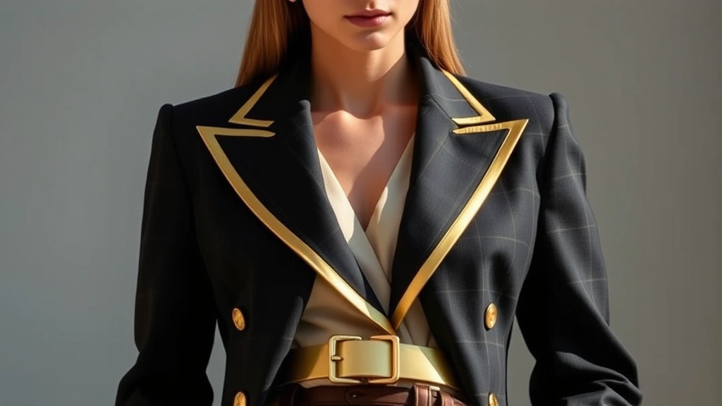 Fashion model wearing modern gold-trimmed blazer with clean tailoring, paired with neutral clothing, gold hardware accent belt, sophisticated editorial fashion photography, contemporary luxury styling, natural lighting highlighting gold details