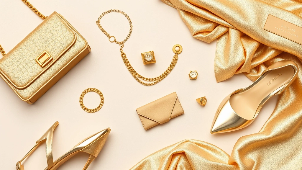 Curated flat lay of gold accessories including gold-chain bag, delicate gold jewelry, gold-heeled shoes, and metallic fabric swatches, arranged on neutral background, luxury lifestyle photography, showing gold across different fashion categories and textures