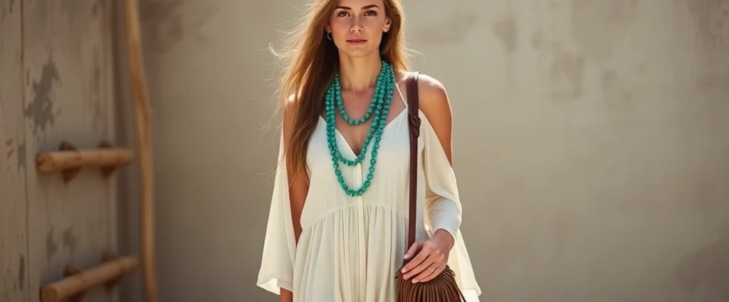 Young woman wearing flowing cream linen maxi dress with layered turquoise beaded necklaces and fringe leather shoulder bag, standing in natural sunlight with soft shadows, embodying bohemian hippie style aesthetic