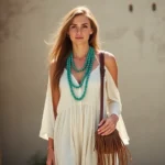 Young woman wearing flowing cream linen maxi dress with layered turquoise beaded necklaces and fringe leather shoulder bag, standing in natural sunlight with soft shadows, embodying bohemian hippie style aesthetic