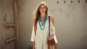 Young woman wearing flowing cream linen maxi dress with layered turquoise beaded necklaces and fringe leather shoulder bag, standing in natural sunlight with soft shadows, embodying bohemian hippie style aesthetic