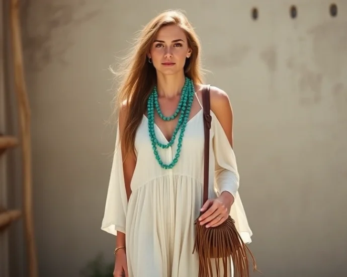 Young woman wearing flowing cream linen maxi dress with layered turquoise beaded necklaces and fringe leather shoulder bag, standing in natural sunlight with soft shadows, embodying bohemian hippie style aesthetic