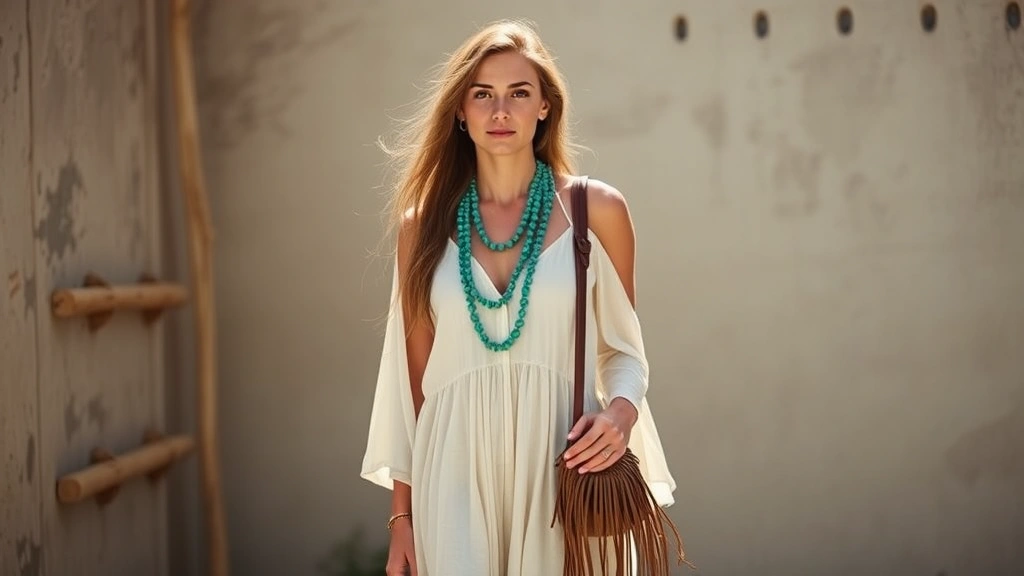 Young woman wearing flowing cream linen maxi dress with layered turquoise beaded necklaces and fringe leather shoulder bag, standing in natural sunlight with soft shadows, embodying bohemian hippie style aesthetic