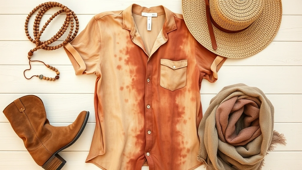 Flat lay of hippie fashion essentials: tie-dye cotton shirt in earth tones, macramé headband, vintage suede boots, beaded rings, woven straw hat, and natural fabric scarves arranged artfully on light wooden surface