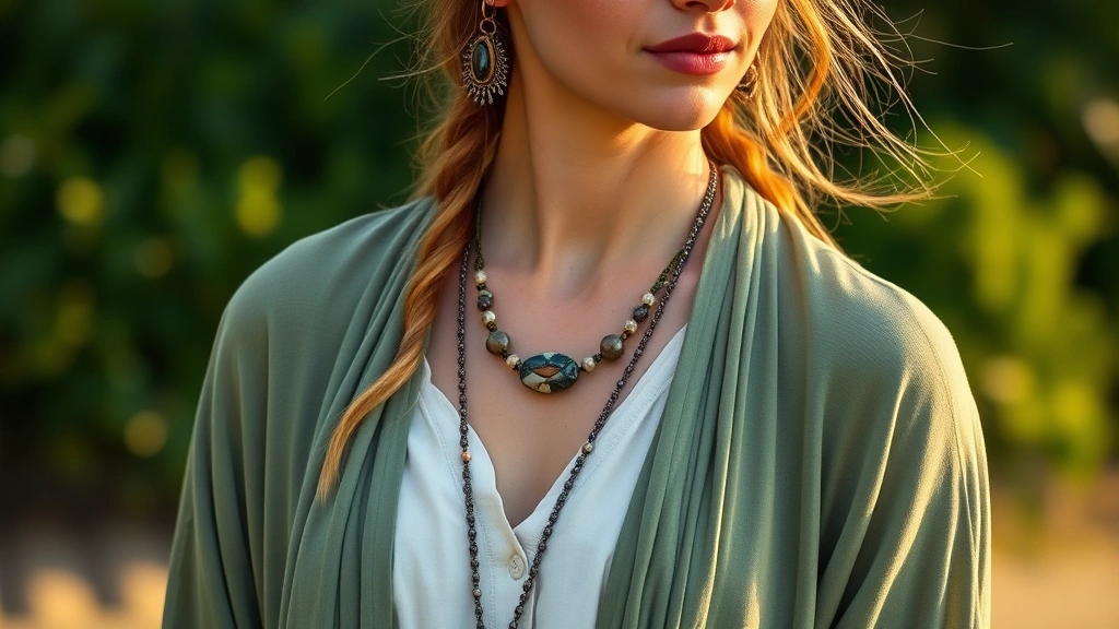 Close-up portrait of person styled in modern hippie fashion wearing sage green flowing cardigan over cream tunic, chunky stone jewelry, and embellished headband, photographed with warm natural lighting and blurred greenery background