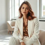 Elegant Italian woman wearing tailored cream linen blazer and silk blouse, sitting in minimalist Milan apartment with marble surfaces, natural sunlight streaming through large windows, sophisticated neutral color palette, editorial fashion photography, professional styling