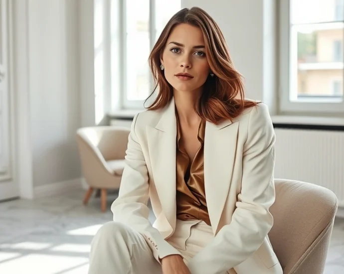 Elegant Italian woman wearing tailored cream linen blazer and silk blouse, sitting in minimalist Milan apartment with marble surfaces, natural sunlight streaming through large windows, sophisticated neutral color palette, editorial fashion photography, professional styling