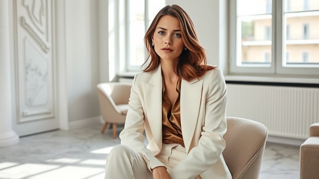 Elegant Italian woman wearing tailored cream linen blazer and silk blouse, sitting in minimalist Milan apartment with marble surfaces, natural sunlight streaming through large windows, sophisticated neutral color palette, editorial fashion photography, professional styling