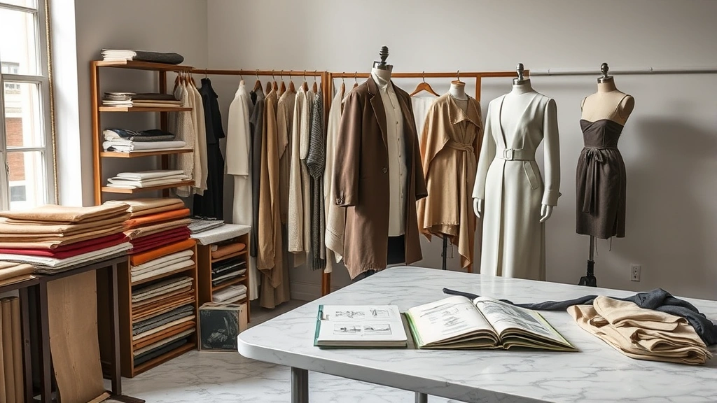 Italian fashion designer's atelier workspace with fabric swatches, tailoring dummies draped in silk and wool, sketchbooks and design materials, marble surfaces, natural daylight, behind-the-scenes creative environment showing meticulous design process and material selection