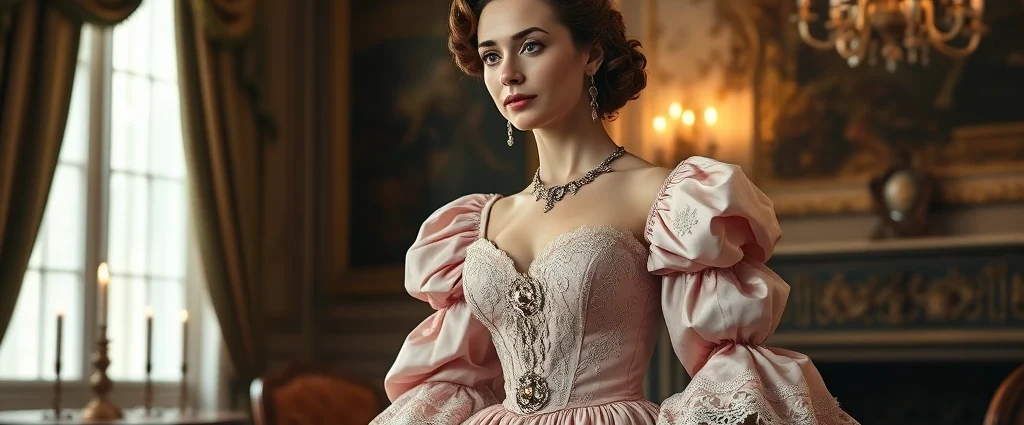 Woman in elaborate pale pink rococo sack gown with ornate embroidery, lace engageantes, and jeweled stomacher standing in candlelit eighteenth-century salon, sophisticated and refined aesthetic