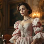 Woman in elaborate pale pink rococo sack gown with ornate embroidery, lace engageantes, and jeweled stomacher standing in candlelit eighteenth-century salon, sophisticated and refined aesthetic