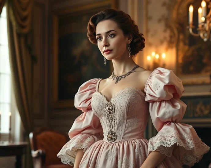 Woman in elaborate pale pink rococo sack gown with ornate embroidery, lace engageantes, and jeweled stomacher standing in candlelit eighteenth-century salon, sophisticated and refined aesthetic