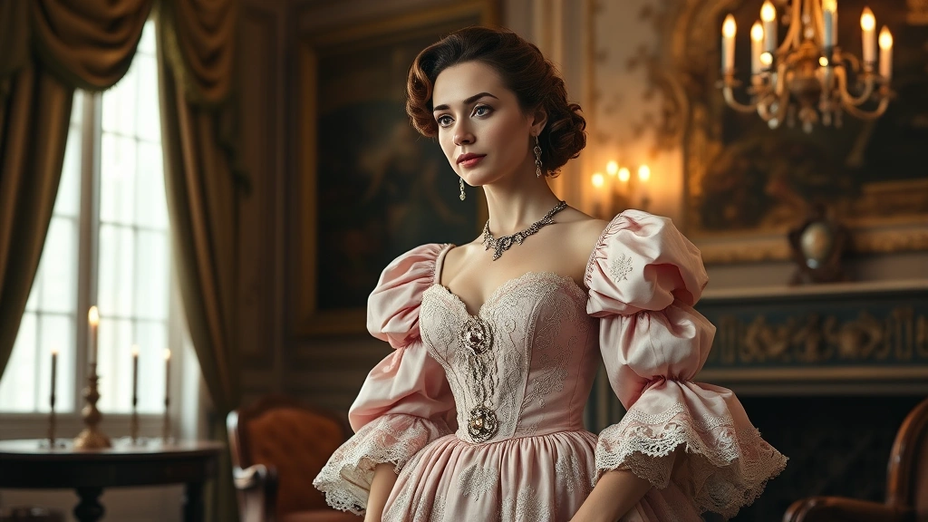 Woman in elaborate pale pink rococo sack gown with ornate embroidery, lace engageantes, and jeweled stomacher standing in candlelit eighteenth-century salon, sophisticated and refined aesthetic