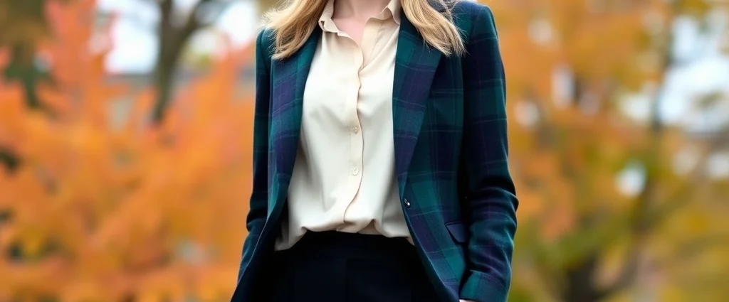 A woman wearing a tailored navy and forest green tartan blazer with cream silk blouse and black trousers, standing in natural light with autumn foliage background, professional polished styling