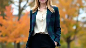 A woman wearing a tailored navy and forest green tartan blazer with cream silk blouse and black trousers, standing in natural light with autumn foliage background, professional polished styling