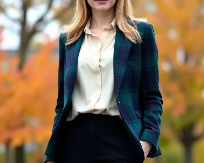 A woman wearing a tailored navy and forest green tartan blazer with cream silk blouse and black trousers, standing in natural light with autumn foliage background, professional polished styling