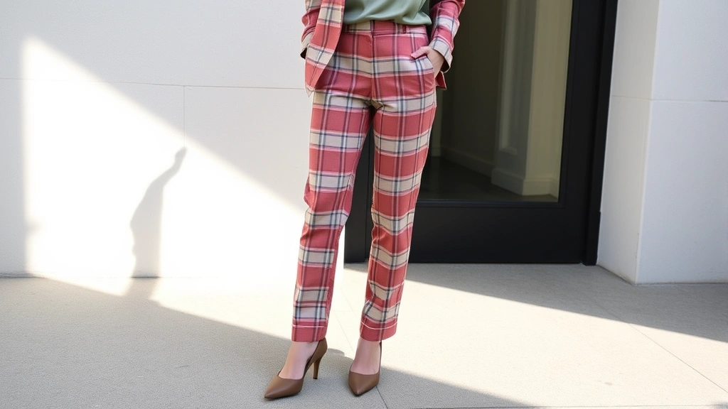 Fashion-forward outfit featuring unexpected plaid combination: dusty rose and cream plaid trousers with sage green silk camisole and pointed-toe heels, minimalist accessories, contemporary styling