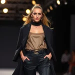 Professional fashion model on FIT runway wearing contemporary designer collection, dramatic lighting, confident expression, dynamic pose, fashion show atmosphere
