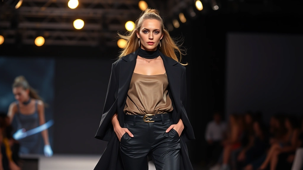 Professional fashion model on FIT runway wearing contemporary designer collection, dramatic lighting, confident expression, dynamic pose, fashion show atmosphere