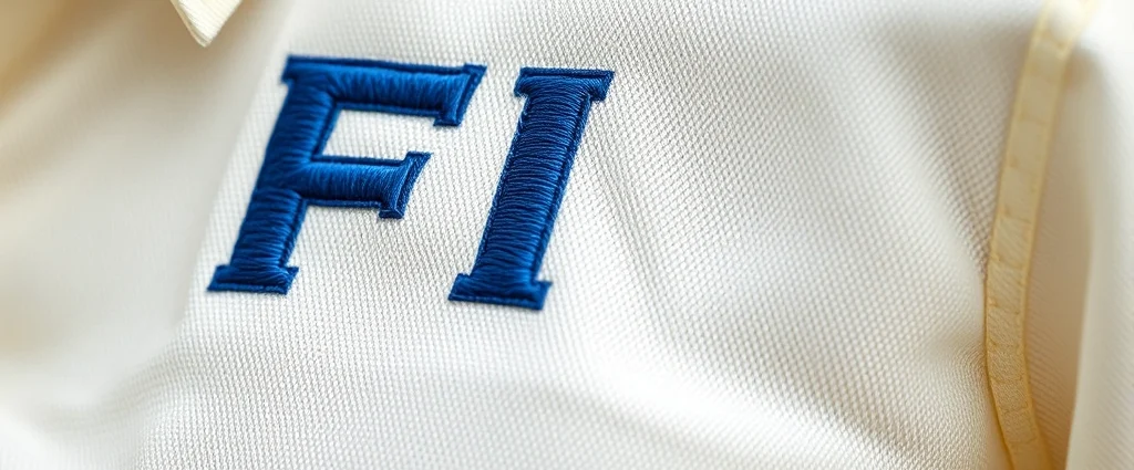 Close-up of a high-quality embroidered FIT logo on a cream-colored premium cotton shirt, showing precise stitching detail and texture, professional fashion photography style