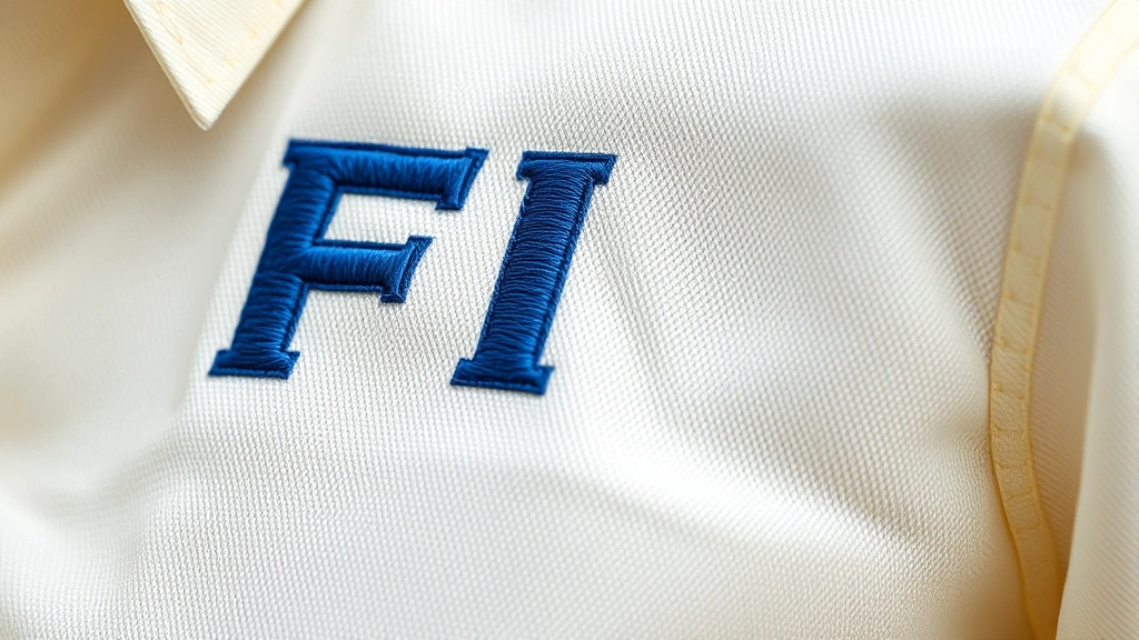 Close-up of a high-quality embroidered FIT logo on a cream-colored premium cotton shirt, showing precise stitching detail and texture, professional fashion photography style