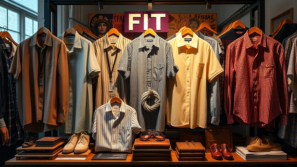 Vintage FIT merchandise display featuring shirts from different decades showing design evolution, arranged artfully with fashion accessories, warm studio lighting, nostalgic fashion editorial