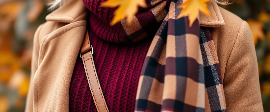 Close-up of rich burgundy wool sweater with camel coat layered over it, styled with cognac leather crossbody bag and oversized plaid scarf, autumn leaves in soft-focus background