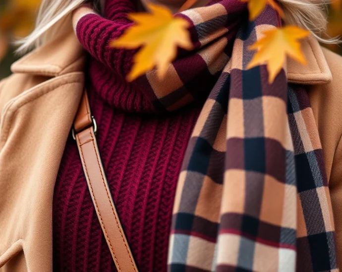 Close-up of rich burgundy wool sweater with camel coat layered over it, styled with cognac leather crossbody bag and oversized plaid scarf, autumn leaves in soft-focus background