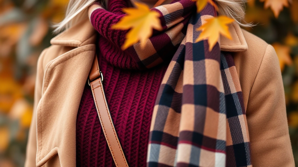 Close-up of rich burgundy wool sweater with camel coat layered over it, styled with cognac leather crossbody bag and oversized plaid scarf, autumn leaves in soft-focus background