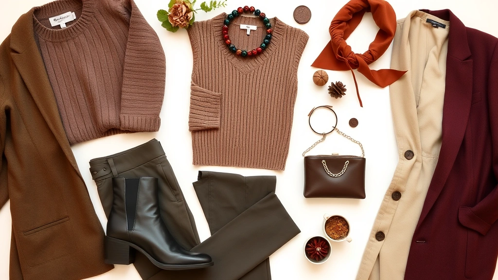 Flat lay arrangement of fall fashion essentials including cashmere sweater, tailored trousers, leather boots, structured blazer, and accessories in jewel tones and warm neutrals