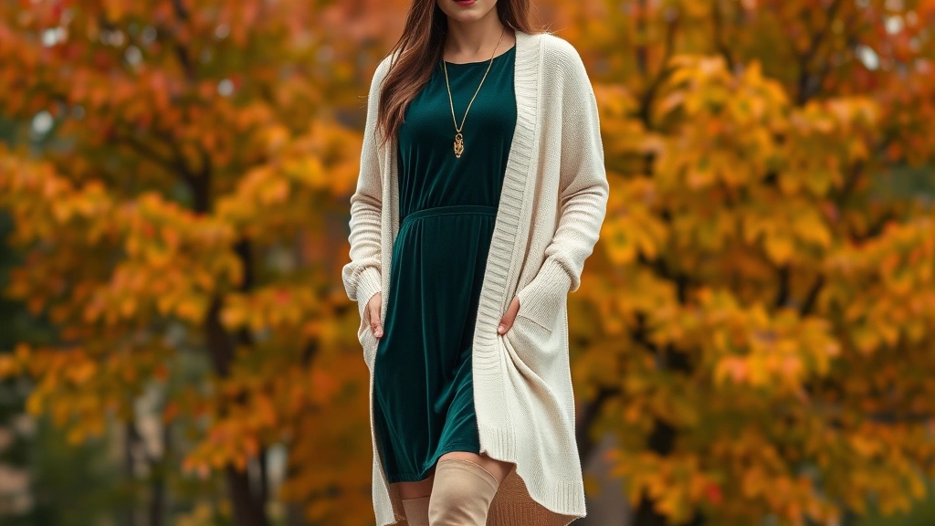 Woman wearing forest green velvet dress layered with cream-colored long cardigan, styled with ankle boots and delicate gold jewelry, posing against autumn foliage backdrop