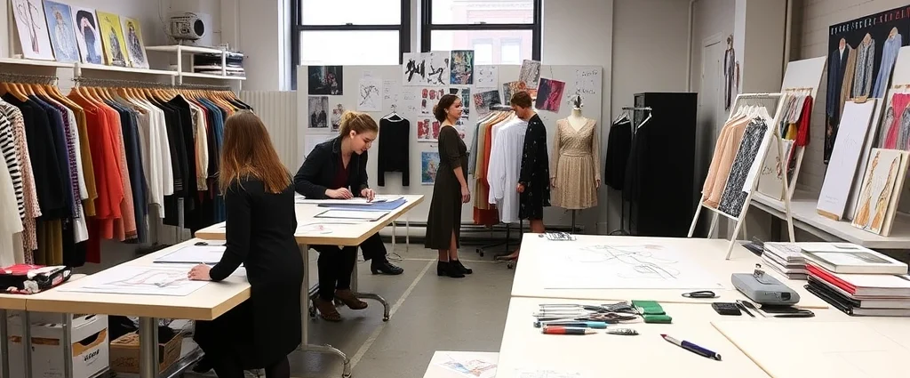 Fashion design studio in NYC's Garment District with sketching tables, mood boards, and young designers collaborating on seasonal collection designs