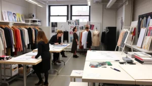 Fashion design studio in NYC's Garment District with sketching tables, mood boards, and young designers collaborating on seasonal collection designs