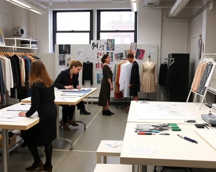 Fashion design studio in NYC's Garment District with sketching tables, mood boards, and young designers collaborating on seasonal collection designs