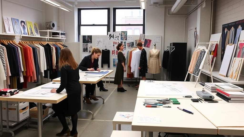 Fashion design studio in NYC's Garment District with sketching tables, mood boards, and young designers collaborating on seasonal collection designs