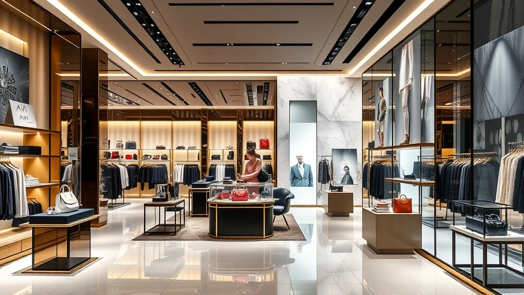 Luxury department store interior featuring high-end designer displays, professional visual merchandising, and elegant retail environment showcasing contemporary fashion