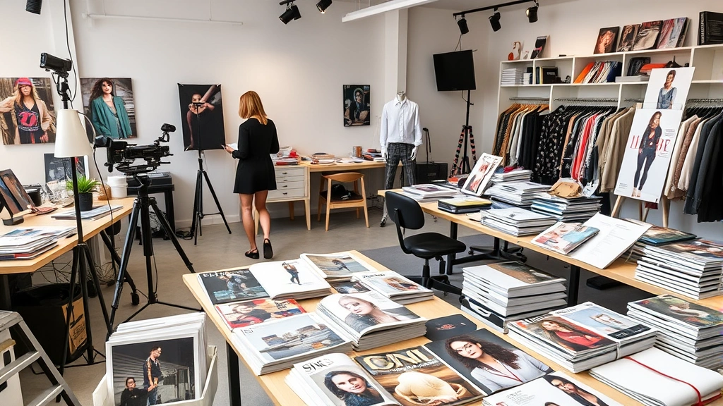 Fashion editorial office workspace with trend research materials, fashion magazines, photography equipment, and stylists preparing lookbook content