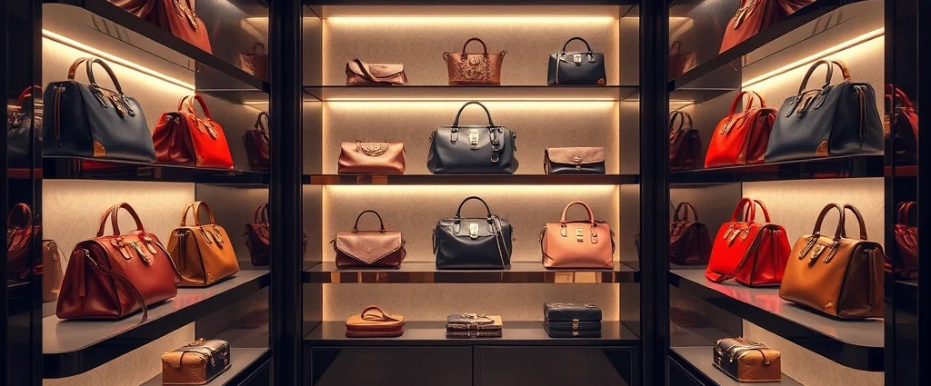 Luxury designer handbags displayed on elegant boutique shelves with soft ambient lighting, high-end retail environment, photorealistic, no text or logos visible