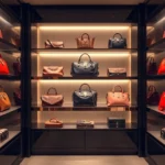 Luxury designer handbags displayed on elegant boutique shelves with soft ambient lighting, high-end retail environment, photorealistic, no text or logos visible