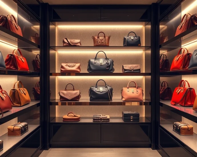 Luxury designer handbags displayed on elegant boutique shelves with soft ambient lighting, high-end retail environment, photorealistic, no text or logos visible