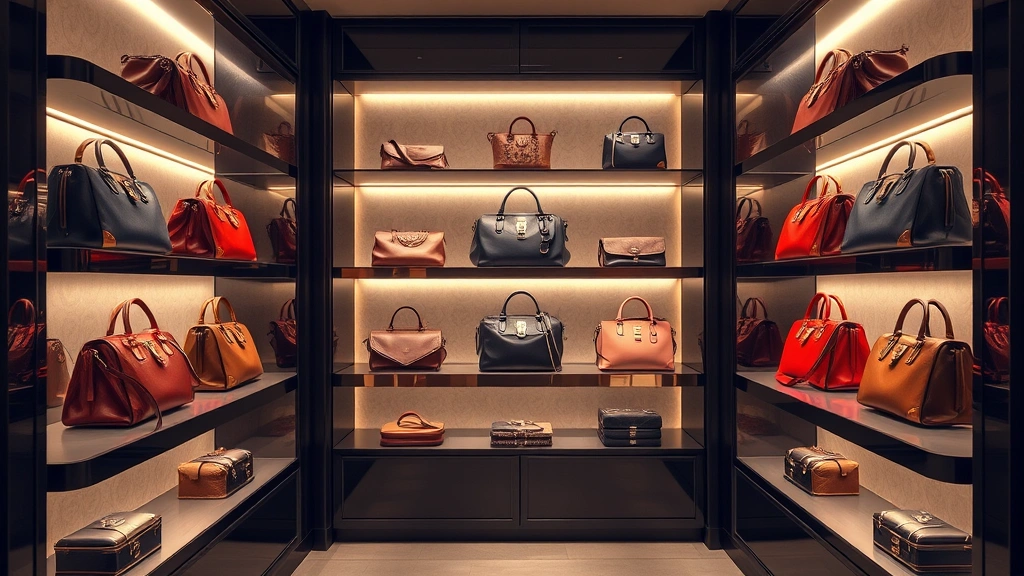 Luxury designer handbags displayed on elegant boutique shelves with soft ambient lighting, high-end retail environment, photorealistic, no text or logos visible