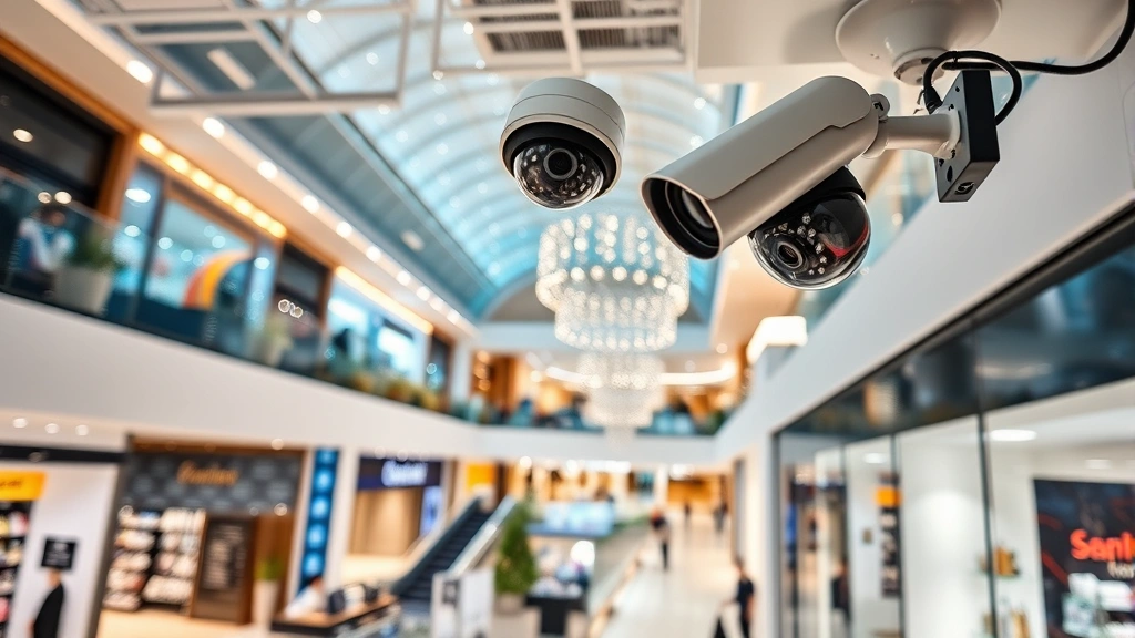 Modern security camera surveillance system monitoring upscale shopping mall interior, sophisticated technology installation, professional retail loss prevention setup