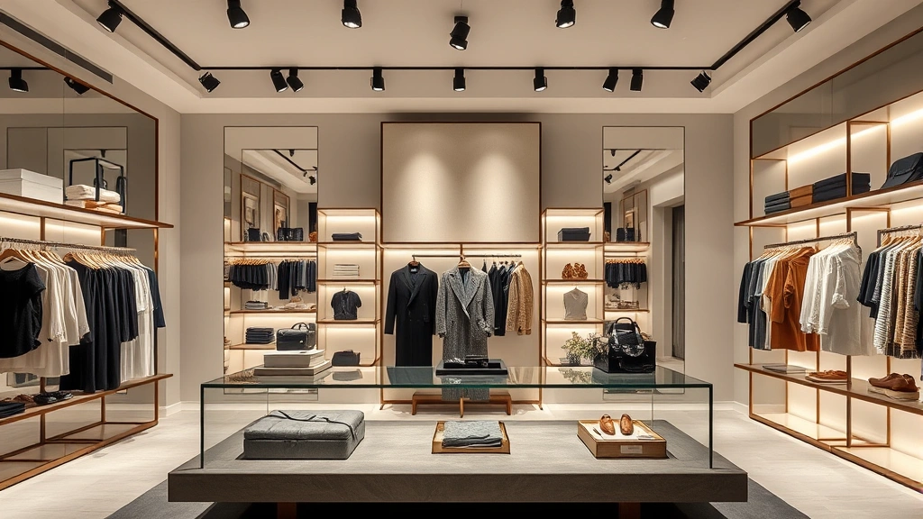 Luxury fashion boutique interior with premium designer clothing on display, elegant minimalist design, high-end retail aesthetic, welcoming shopping environment