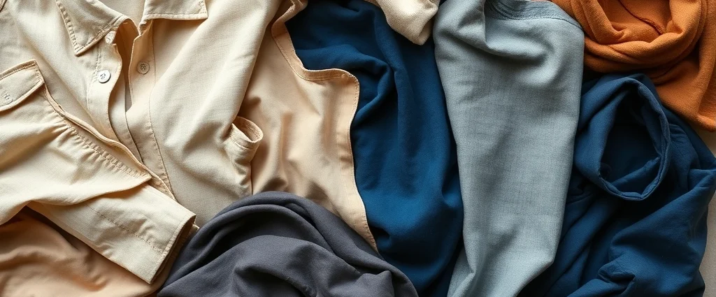 Overhead flat lay of carefully curated neutral and jewel-tone clothing items arranged artistically, showing color coordination and texture variety—linen, silk, wool fabrics in earth tones and deep blues, photographed in natural daylight