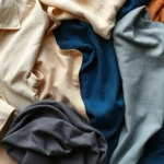 Overhead flat lay of carefully curated neutral and jewel-tone clothing items arranged artistically, showing color coordination and texture variety—linen, silk, wool fabrics in earth tones and deep blues, photographed in natural daylight