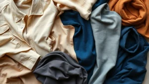 Overhead flat lay of carefully curated neutral and jewel-tone clothing items arranged artistically, showing color coordination and texture variety—linen, silk, wool fabrics in earth tones and deep blues, photographed in natural daylight